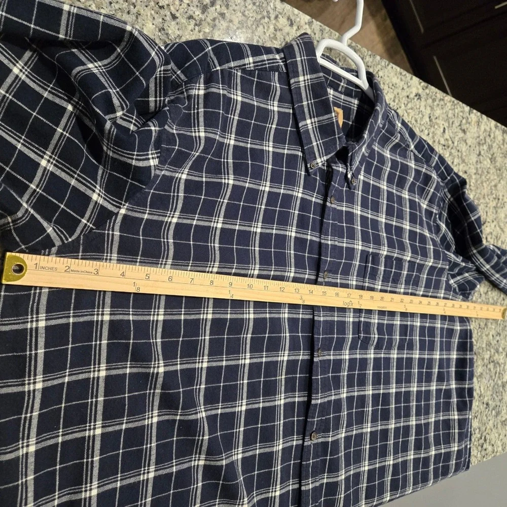The Foundry Plaid Button Down Mens 3XL Navy Blue Excellent Flannel Shirt Thick